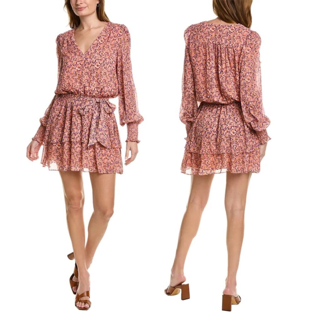 NWT Ramy Brook Xian Floral Tiered Tie Waist Long Sleeve Mini Dress Orange Small